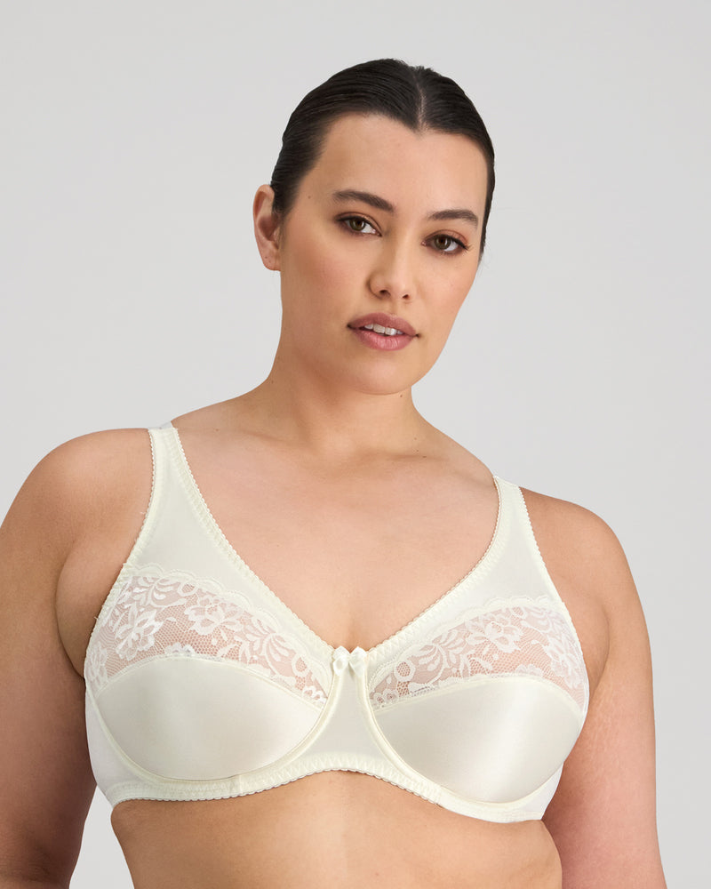 Model wears Classic Underwire Underwire Bra in IVORY. On body front view
