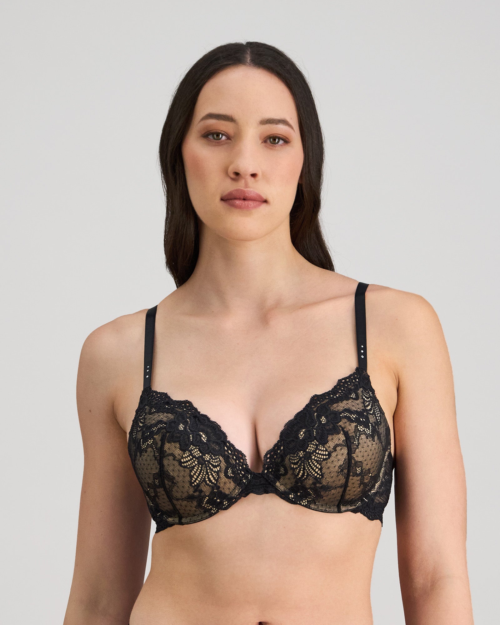 Model wears My Fit Lace Push Up Bra in BLACK. On body front view