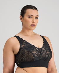 Model wears Midnight Express Wire Free Bra in BLACK. On body front view