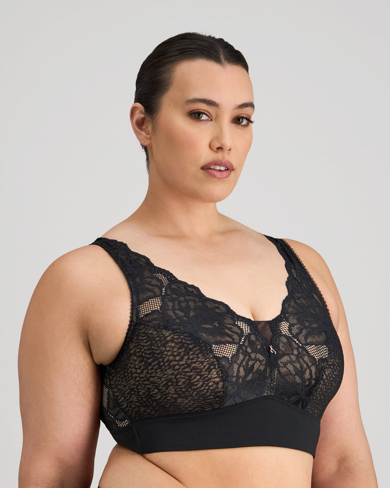 Model wears Midnight Express Wire Free Bra in BLACK. On body front view