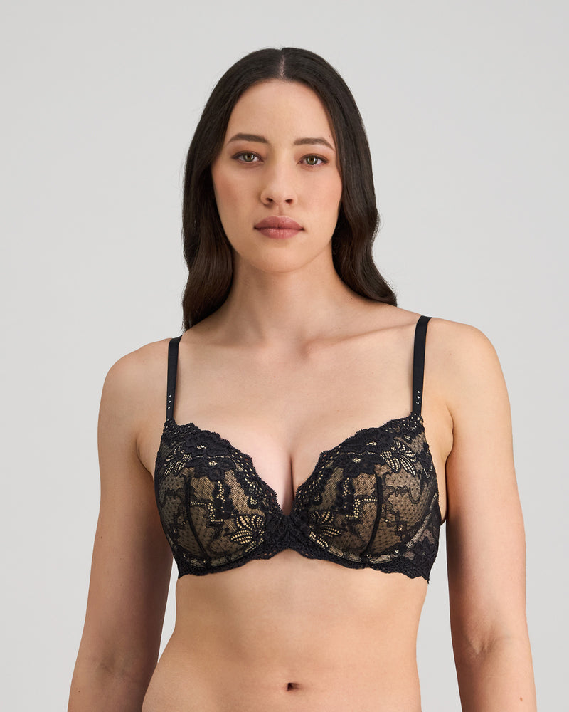 Model wears My Fit Lace Push Up Bra in BLACK. On body front view