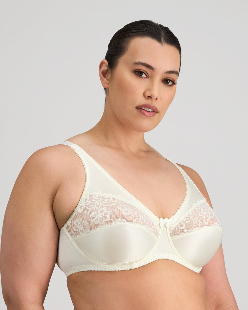 Model wears Classic Underwire Underwire Bra in IVORY. On body side view