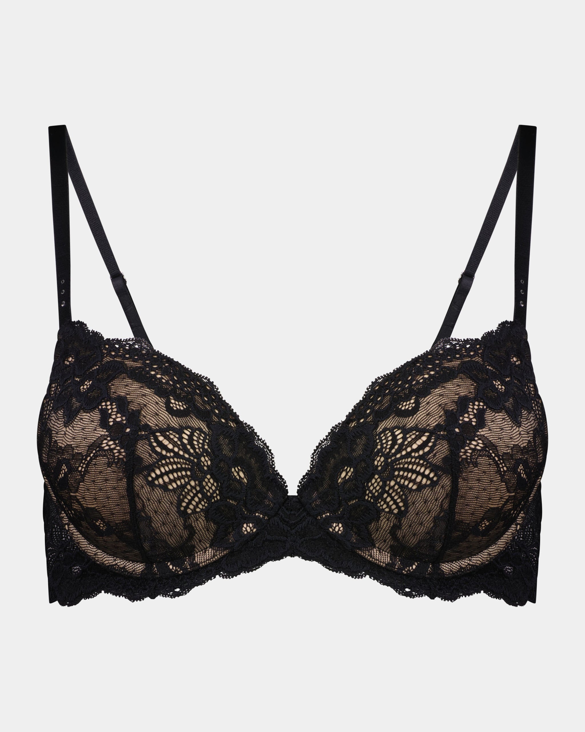 My Fit Lace Push Up Bra in BLACK. Flat lay front view