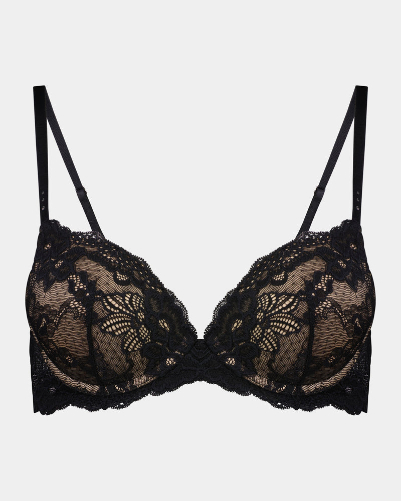 My Fit Lace Push Up Bra in BLACK. Flat lay front view