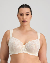 Model wears Midnight Express Underwire Bra in EGRET. On body front view