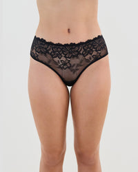 Model wears Lacey Brazilian in BLACK. On body front view