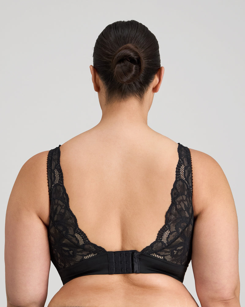 Model wears Midnight Express Wire Free Bra in BLACK. On body back view