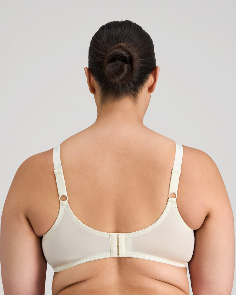 Model wears Classic Underwire Underwire Bra in IVORY. On body back view