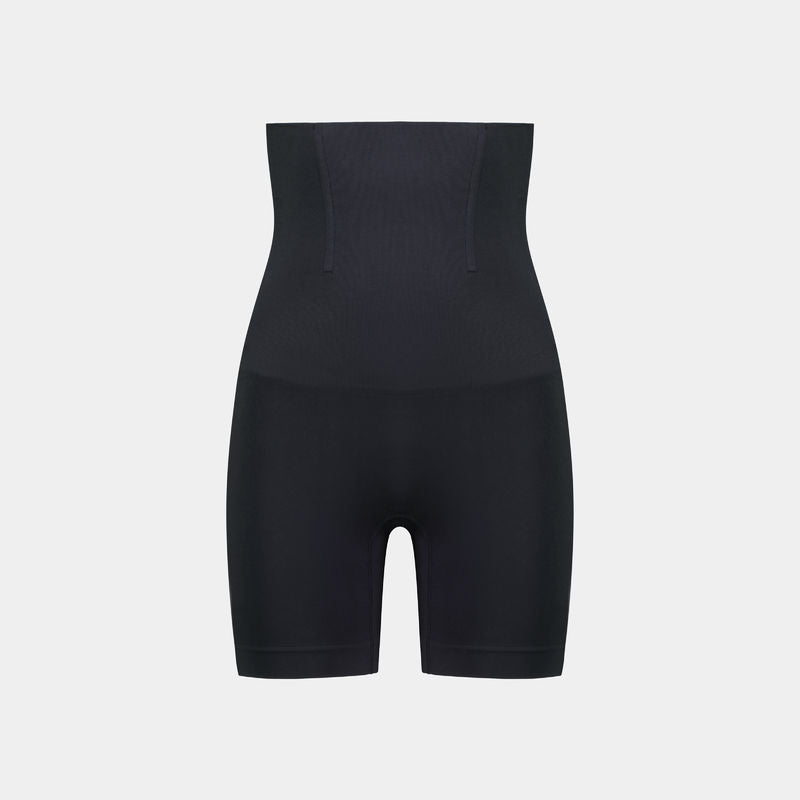 Medium Control High Waisted Shaper Short in BLACK. Flat lay front view