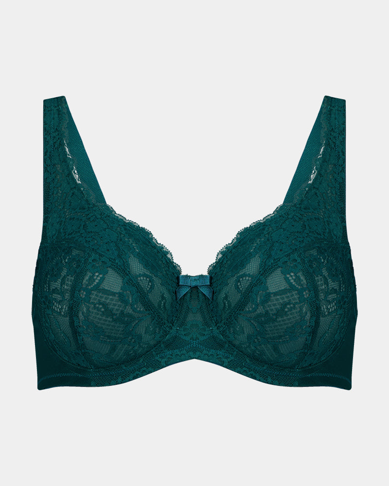 Lace Romance Underwire Bra in EVERGLADE. Flat lay front view