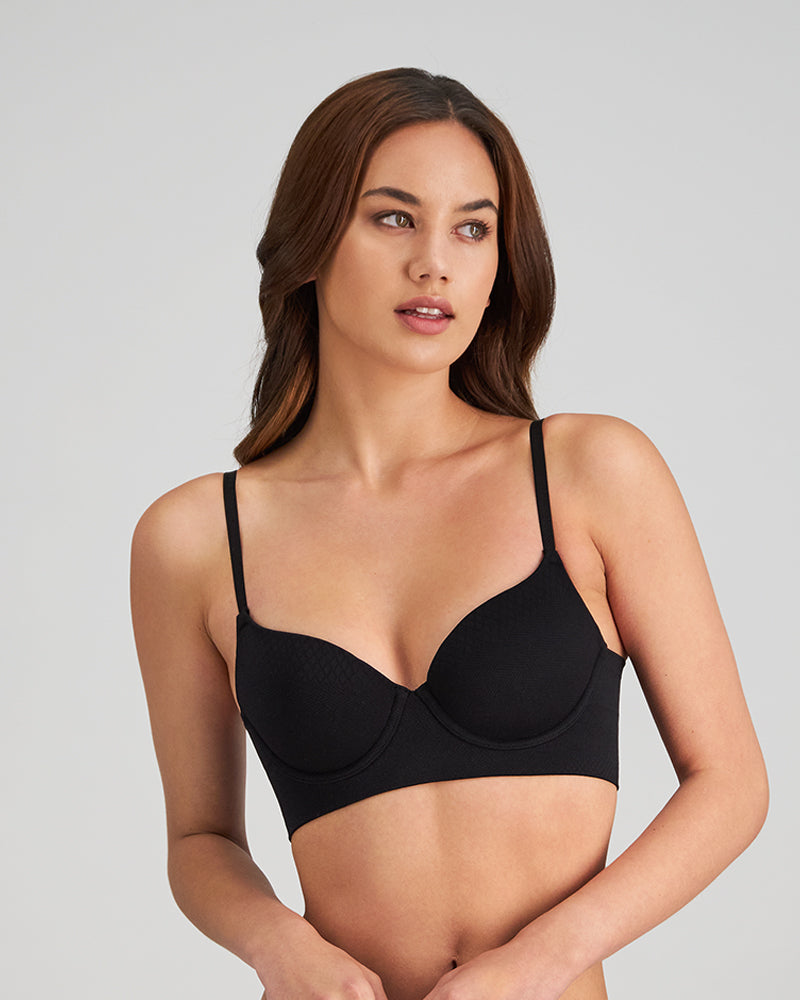 Model wears Play Contour Long Line Bra in BLACK. On body front view