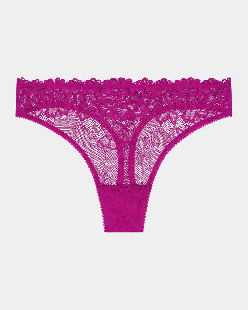All Lacey Thong in FANTASY FUCHSIA. Flat lay front view