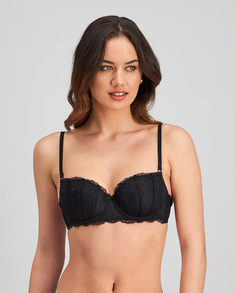 Model wears Sofia Contour Bra in BLACK. On body front view