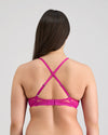 Model wears My Fit Lace Wire Free Bra in FANTASY FUCHSIA. On body back view