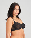 Model wears My Fit Lace Underwire Bra in BLACK. On body side view