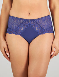 Model wears Midnight Express Full Brief in BLUE RIBBON. On body front view
