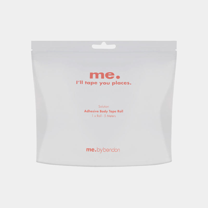 Model wears Adhesive Body Tape Roll in Nude. On body front view