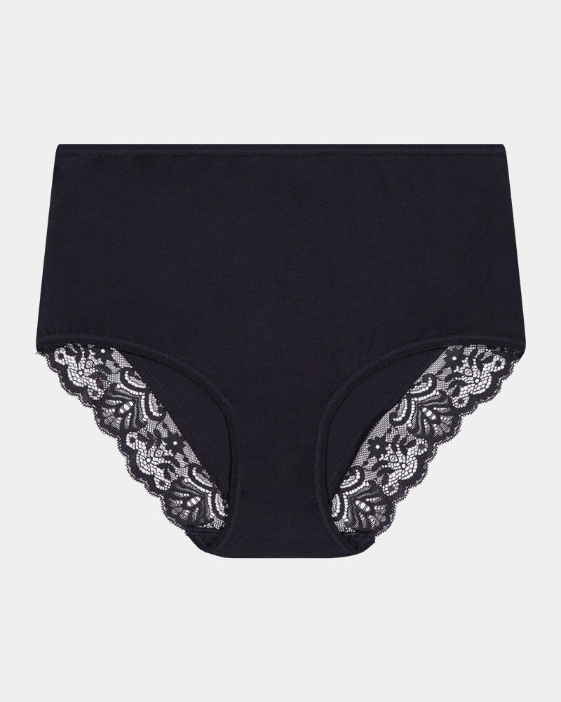Cotton And Lace Full Brief in BLACK. Flat lay front view