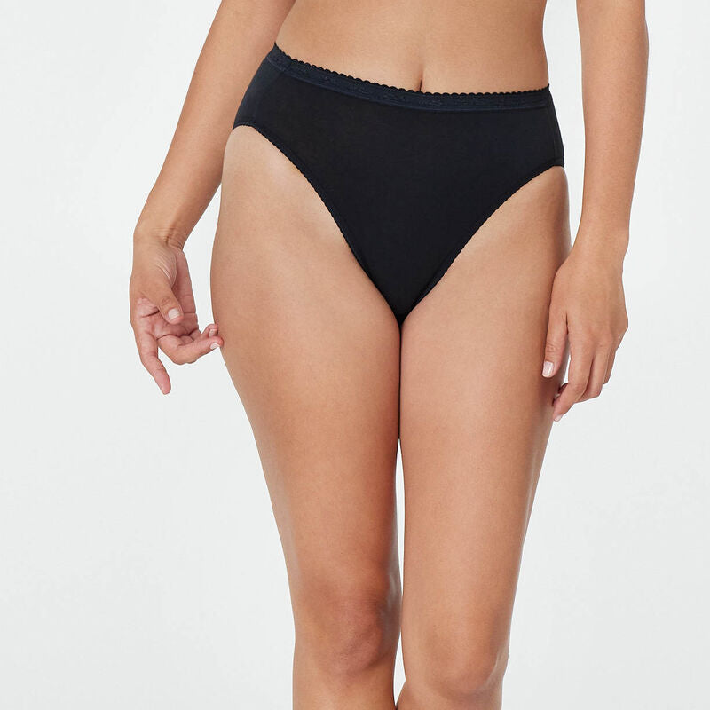 Model wears Freedom High Cut Brief in BLACK. On body back view