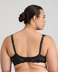 Model wears Midnight Express Underwire Bra in BLACK. On body back view