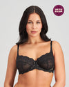 Model wears My Fit Lace Underwire Bra in BLACK. On body front view