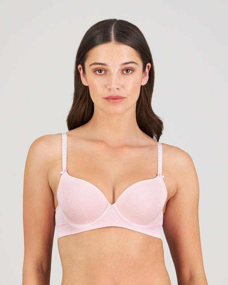 Model wears Bendon Body Lace Contour Bra in ICY PINK. On body front view