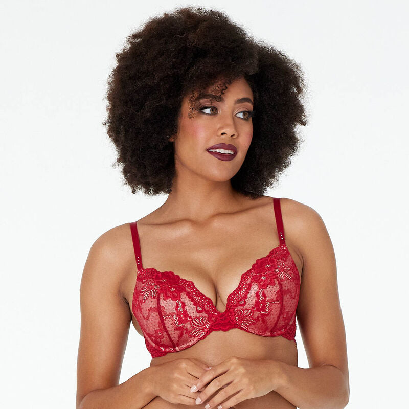 Pleasure State My Fit Lace Push-Up Plunge Bra in Jester Red