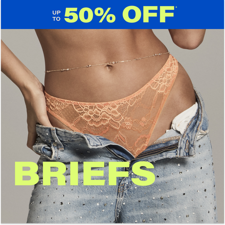 Promotional image of lace briefs with a discount offer on a gray background