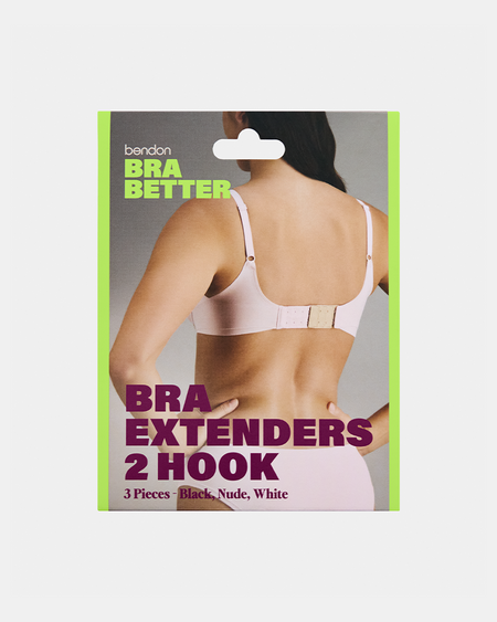 Bendon Bra Better Bra Extenders 2 Hook packaging showing a model from the back wearing a light pink bra, with text indicating 3 pieces in black, nude, and white.