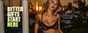 Hero banner A woman posing in black lace and satin lingerie with a city skyline at sunset in the background, with the text 'BETTER GIFTS START HERE' overlaid on the left side.