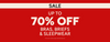 Hero banner A promotional sale graphic with a solid red background, a cream horizontal banner near the top containing the word 'SALE' in black, and large white text reading 'UP TO 70% OFF BRAS, BRIEFS & SLEEPWEAR' with smaller fine print below.