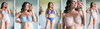 Hero banner A five-panel before-and-after style collage showing a woman taking mirror selfies to compare the fit and appearance of bras. The left side shows her in a light blue bra and matching underwear, and the right side shows her in a pale pink lace bra and matching underwear.