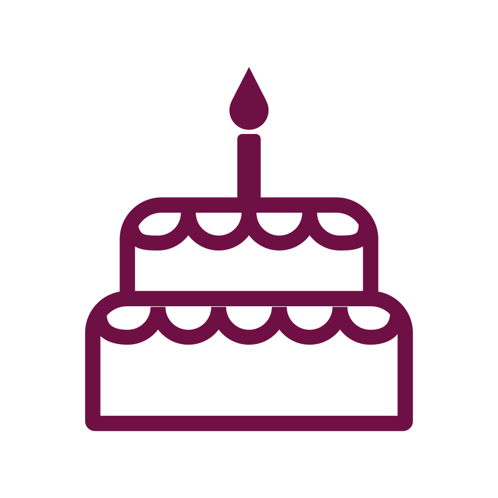 Icon of a two-layer birthday cake with a single candle on a white background