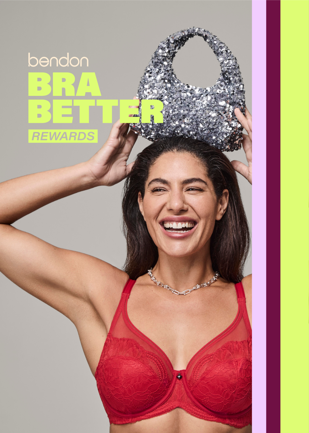 Woman wearing a red bra holding a silver sequin bag with 'bendon BRA BETTER REWARDS' text.