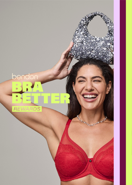 Woman wearing a red bra holding a sparkly handbag with 'bendon BRA BETTER REWARDS' text.