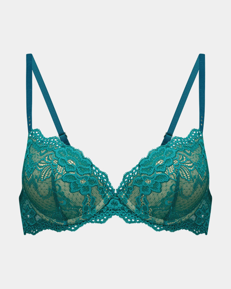 My Fit Lace Push Up Bra in EVERGLADE. Flat lay front view