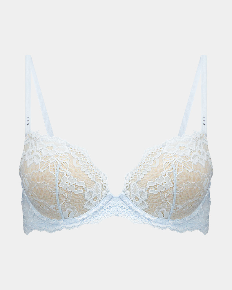 My Fit Lace Push Up Bra in OMPHALODES. Flat lay front view