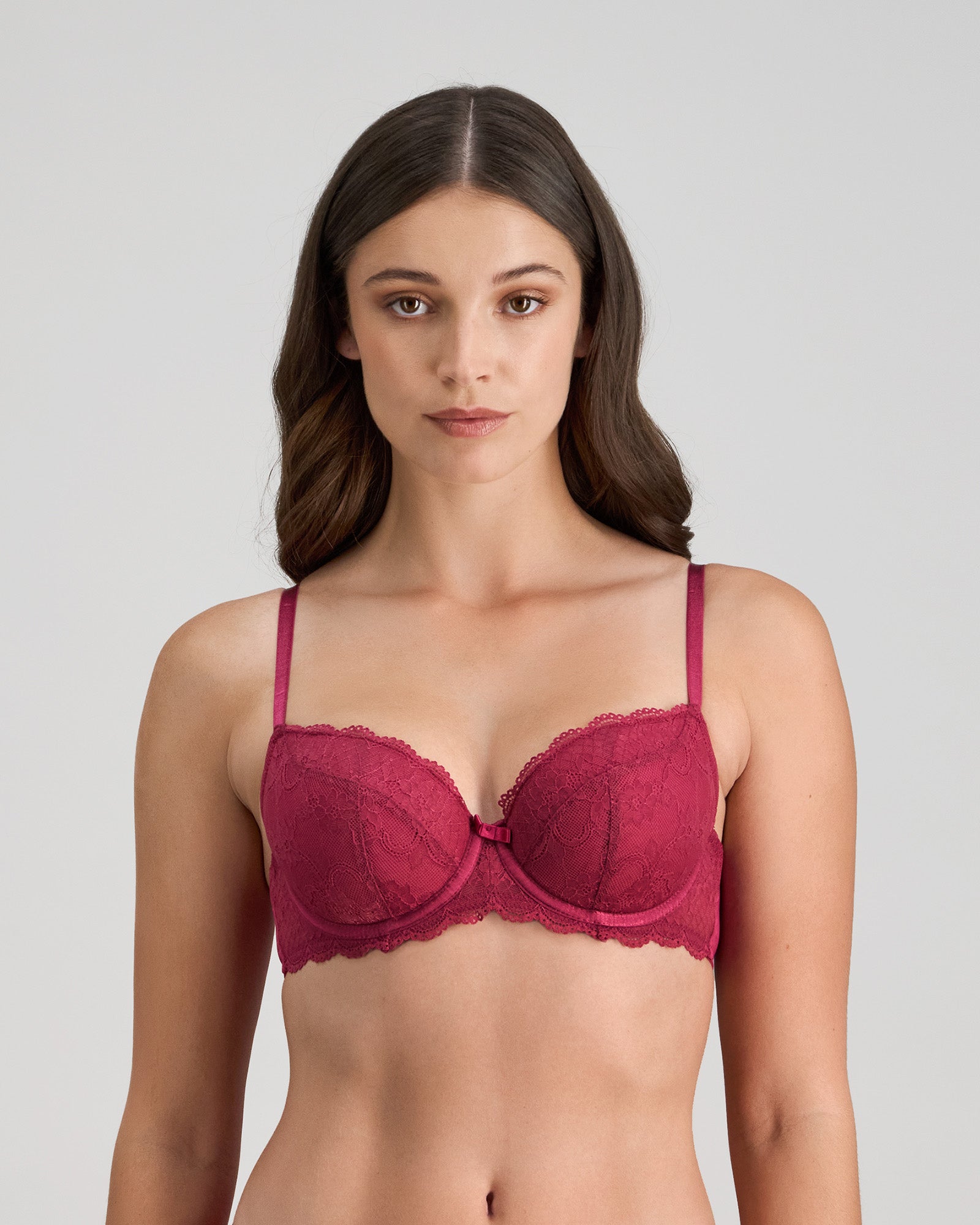 Model wears Legacy Contour Bra in BEAUJOLAIS. On body front view