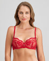 Model wears Lace Me Up Contour Bra in JESTER RED. On body front view