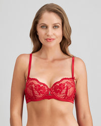 Model wears Lace Me Up Contour Bra in JESTER RED. On body front view