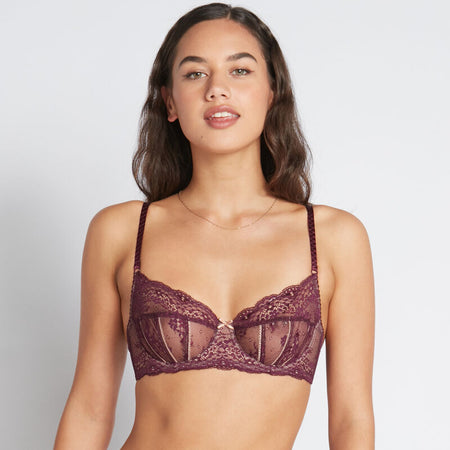 Model wears Sofia Underwire Bra in POTENT PURPLE/TUSCANY. On body front view