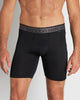 Model wears Everyday Active Mens Long Trunk in BLACK. On body front view