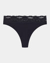 Cotton And Lace Thong in BLACK. Flat lay front view