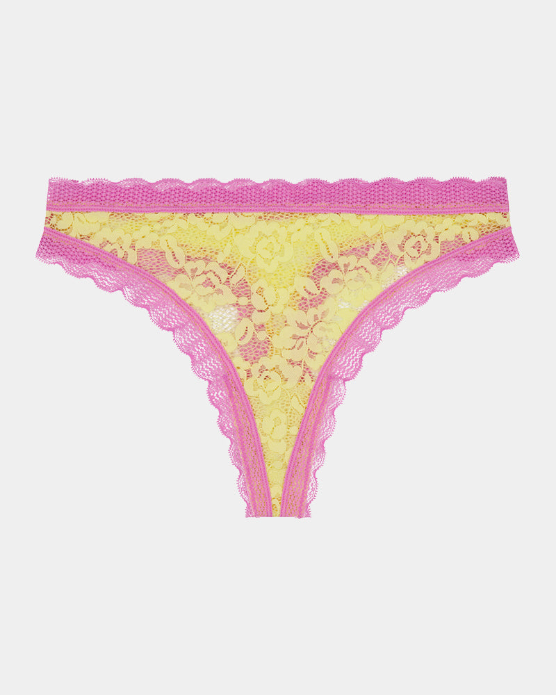 Leo Thong in LEMON/FUCHSIA PINK. Flat lay front view