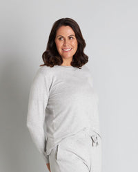 Model wears Insomnia Long Sleeve Top in LIGHT GREY MARLE. On body side view