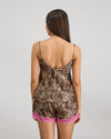 Model wears Sleigh The Night Cami & Short Set in WILD LYNX PRINT. On body back view