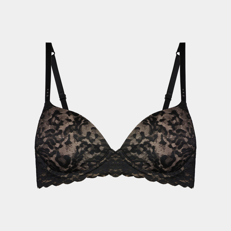 My Fit Laser Scallop Lace Push Up Bra in BLACK. Flat lay front view