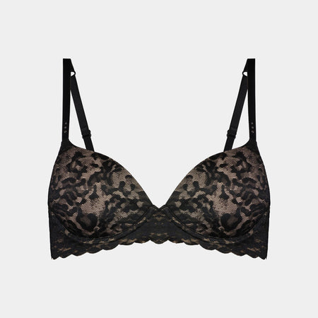 My Fit Laser Scallop Lace Push Up Bra in BLACK. Flat lay front view