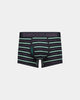 Bold Stripe Mens Trunk in BLACK/RAIN FOREST STRIPE. Flat lay front view
