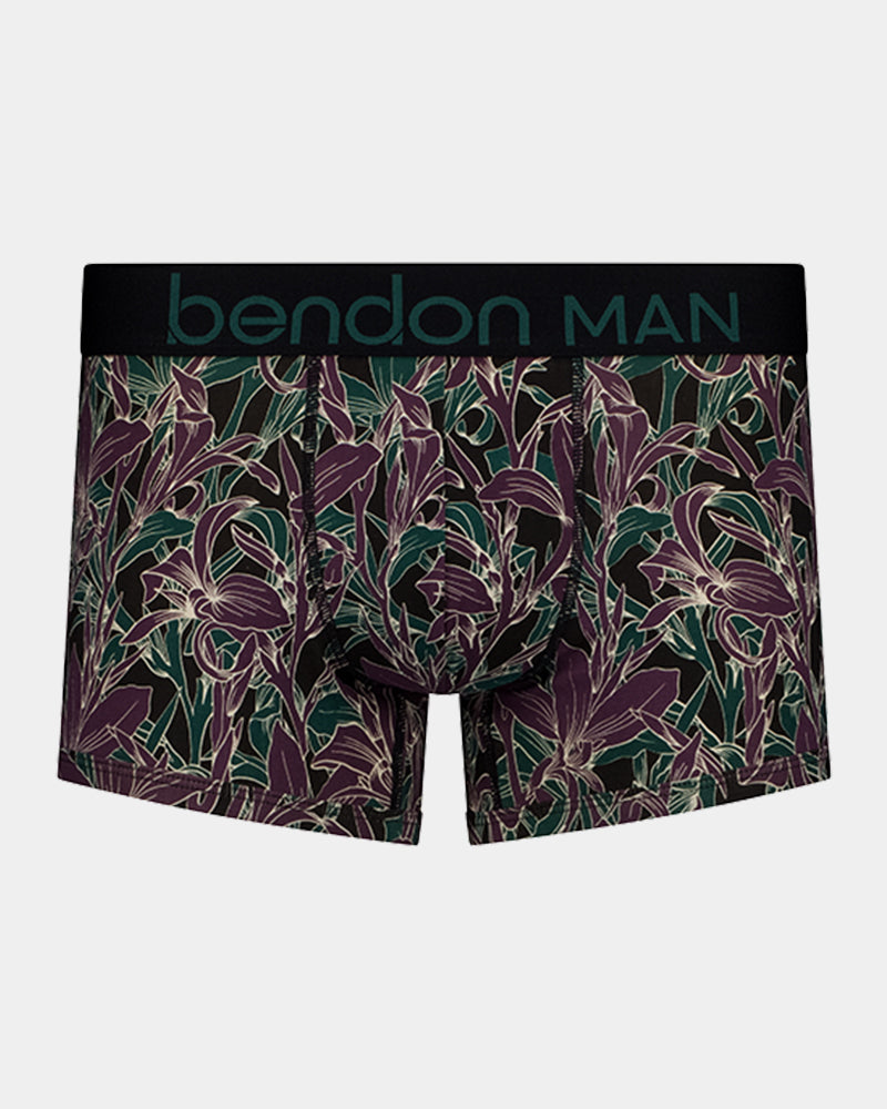Retros Print Mens Trunk in PLUM MORRIS PRINT. Flat lay front view